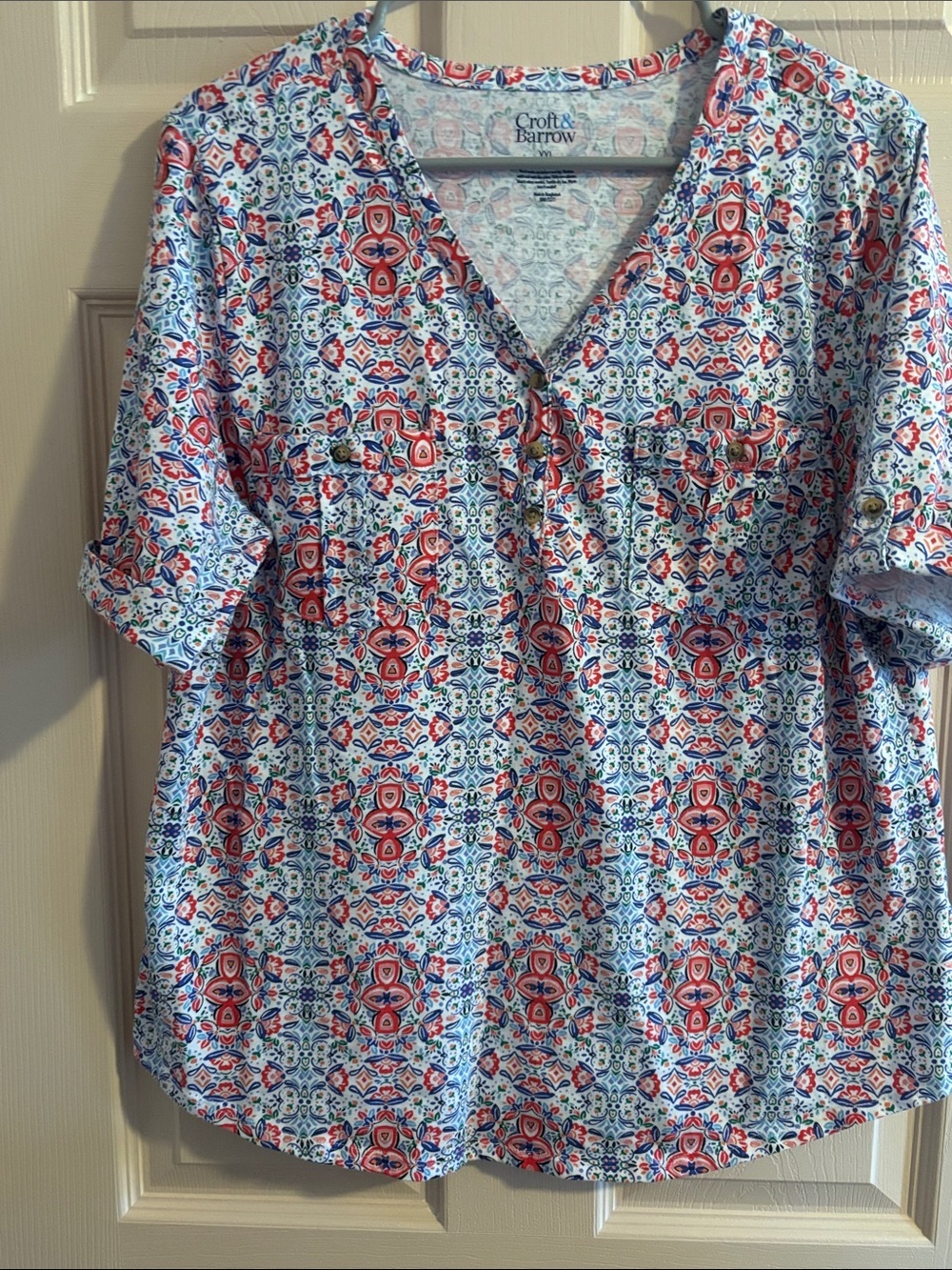 croft & barrow Blue and Coral Printed V-Neck Tunic